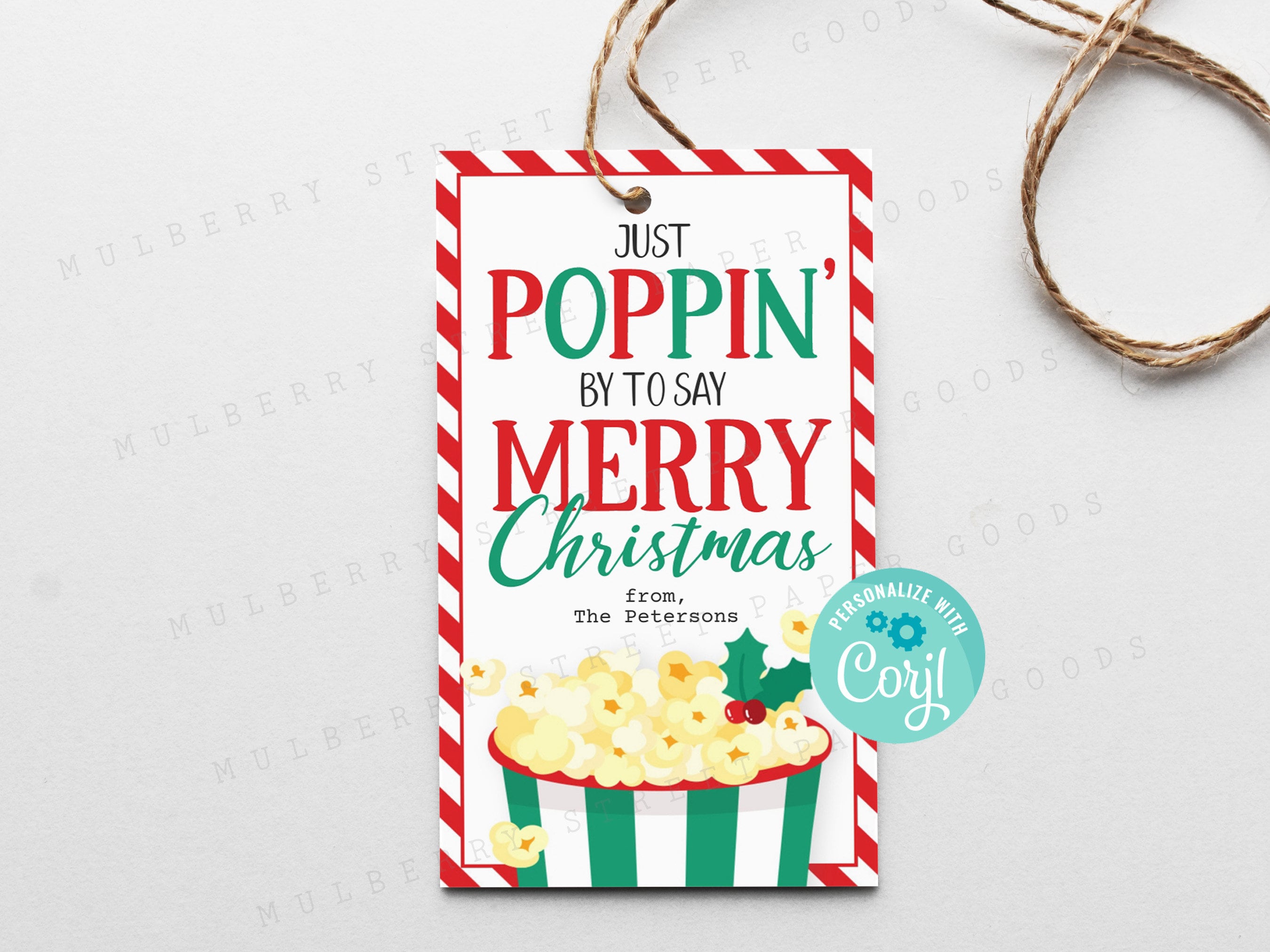 Christmas Popcorn Gift Tag, Holiday Popcorn Treat Bag Tag Printable ...