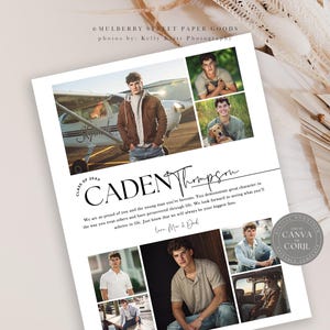 May include: A graduation announcement for Caden Thompson, Class of 2024. The announcement features a collage of photos of Caden, including a photo of him standing in front of a small airplane. The announcement also includes a message from Caden's parents.