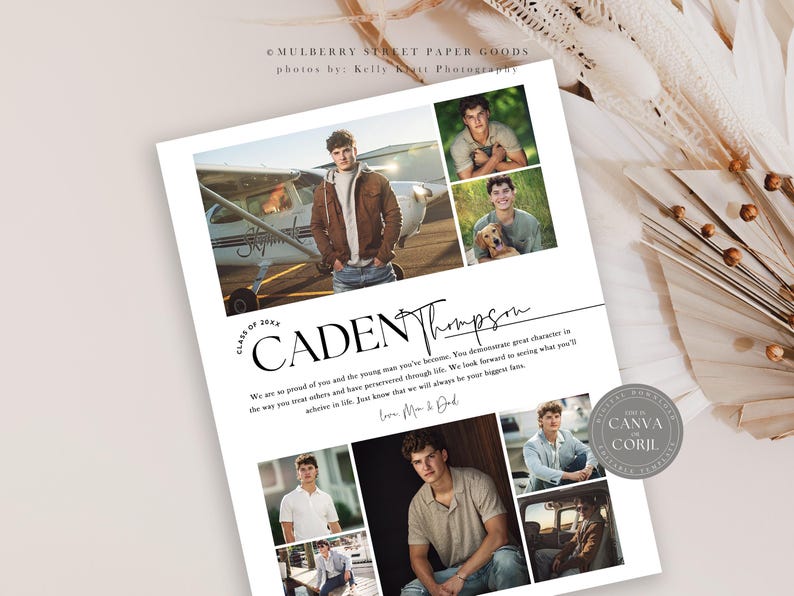 May include: A graduation announcement for Caden Thompson, Class of 2024. The announcement features a collage of photos of Caden, including a photo of him standing in front of a small airplane. The announcement also includes a message from Caden's parents.