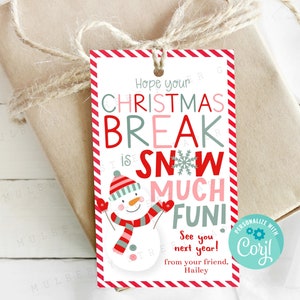 Espero que suas férias de Natal sejam muito divertidas Etiqueta de presente para impressão, Etiqueta de guloseimas para férias de inverno com boneco de neve, Personalize com Corjl, Presente para professor e aluno