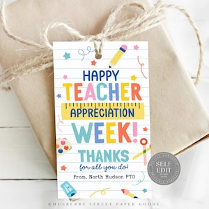 May include: A printable gift tag with a colorful design featuring a pencil, paintbrushes, and a ruler. The text reads "Happy Teacher Appreciation Week! Thanks for all you do! From, North Hudson PTO".