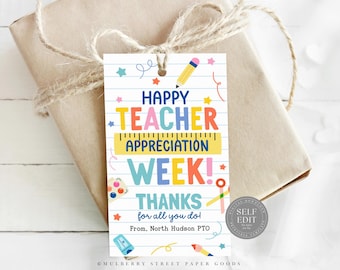 May include: A printable gift tag with a colorful design featuring a pencil, paintbrushes, and a ruler. The text reads "Happy Teacher Appreciation Week! Thanks for all you do! From, North Hudson PTO".