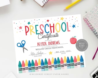 Printable Preschool Graduation Certificate Canva Template Editable Preschool Certificate Printable Last Day of Preschool Diploma Corjl
