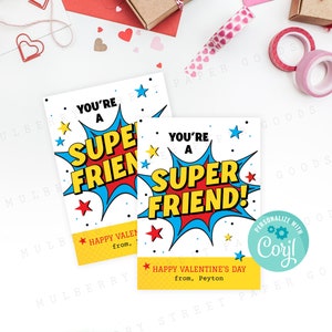 Afdrukbaar You're A Super Friend Valentijnsdagkaart, Kids Classroom Super Hero Valentine, bewerken met Corjl, stripboek, DIY-downloadschool