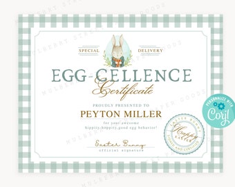 Easter Bunny Egg-cellence Certificate Printable, Easter Certificate of Excellence, Personalize with Corjl, Easter Kids Tradition