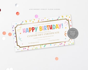 Editable Birthday Gift Certificate Canva Template Digital Download Colorful Birthday Gift Voucher Instant Download Corjl Template