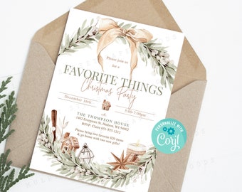 Può includere: Un invito a una festa di Natale con una ghirlanda ad acquerello di verde, bastoncini di cannella e una casetta di pan di zenzero. Il testo recita "Favorite Things Christmas Party" con la data e l'ora dell'evento. L'invito è personalizzato con il nome "Coril".
