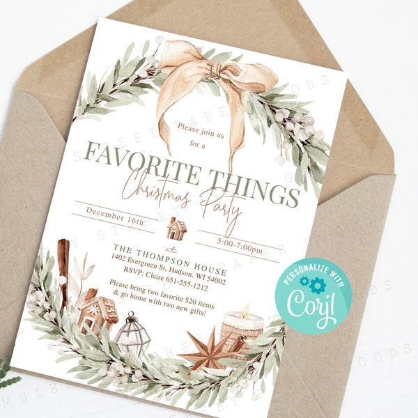 Editable Favorite Things Christmas Party Invitation, Printable Holiday Party Invite, DIY Friendmas party invitation download, Edit in Corjl