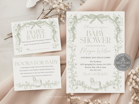 Editable Sage Green Toile Baby Shower Invitation Suite Printable Digital Download Canva Template Corjl