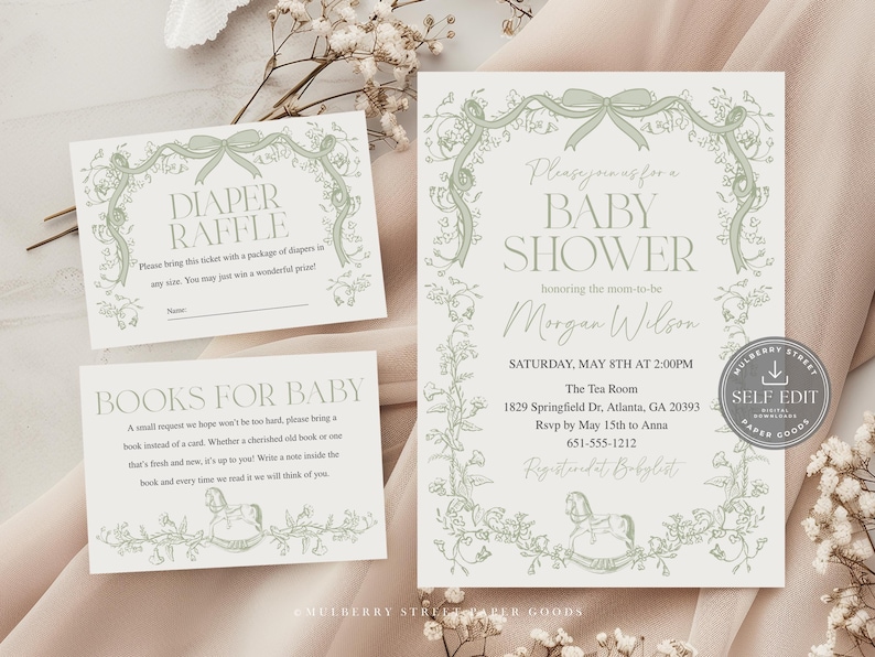 May include: A baby shower invitation suite with a floral and bow design in soft green and cream. The set includes an invitation, a diaper raffle card, and a books for baby card. The invitation text reads "Baby Shower" and includes event details.