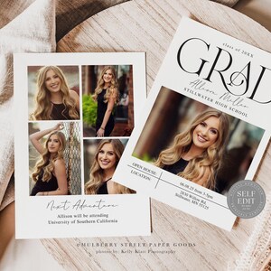 May include: A graduation announcement with a photo collage of a young woman. The announcement includes the graduate's name, school, and graduation year. It also includes information about an open house event.