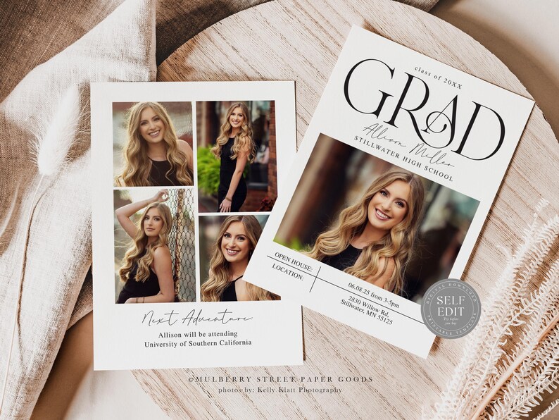 May include: A graduation announcement with a photo collage of a young woman. The announcement includes the graduate's name, school, and graduation year. It also includes information about an open house event.