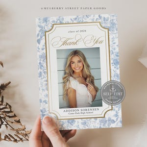 May include: A graduation thank you card with a photo of a smiling person. The card has a floral design in shades of blue and gold. Text includes "class of 2026" and "Thank You". The card also has the name "Addison Sorensen" and "Come Park High School".