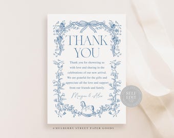 Edytowalny szablon Canva z podziękowaniami na Baby Shower Natychmiastowe pobieranie Niebieski Toile Podziękowania na Baby Shower Do wydrukowania Cyfrowe pobieranie Corjl