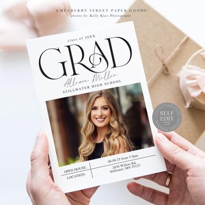 May include: A white graduation announcement with black text that reads "GRAD" in a stylized font. The announcement also includes the graduate's name, "Allion Miller", the school name, "Stillwater High School", and the date and time of the open house. A photo of the graduate is included in the announcement.