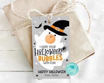 Plantilla de etiqueta de regalo de chicle de Halloween Etiqueta de regalo de fantasma lindo para fiesta de Halloween Espero que tus burbujas de Halloween sean divertidas Descarga instantánea Imprimible