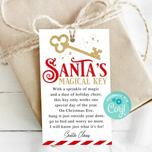 Afdrukbare Santa's Magical Golden Key Tag, bewerkbare Santa's Magic Key-instructiestag, kerstavond, direct downloaden, bewerken met Corjl