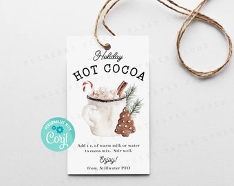 Holiday Hot Cocoa Printable Gift Tag, Christmas Hot Chocolate Mix Instructions Tag, Editable with Corjl, Teacher, Neighbor, Staff Gift Idea