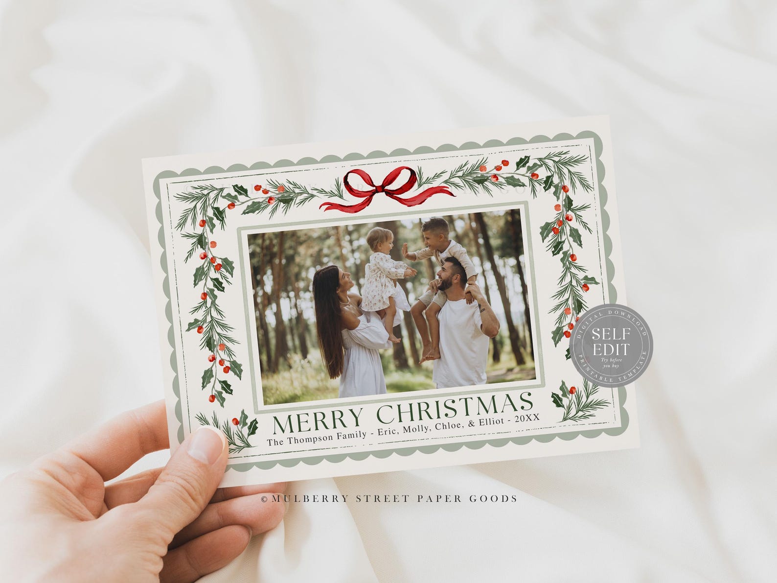 Editable Christmas Card Printable Digital Download Red Green Watercolor ...