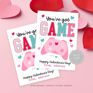 Tarjeta de videojuego rosa para el día de San Valentín, imprimible, descarga digital, regalo de fiesta de San Valentín para chica gamer, regalo de clase rosa para el día de San Valentín, Corjl