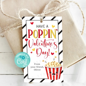 Printable Have a Poppin' Valentine's Day, Popcorn Treat Valentine's Gift Tag, Kids Classroom Valentine Card, Edit with Corjl