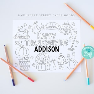 Editable Thanksgiving Coloring Page Printable Personalized Thanksgiving Kids Activity Color Sheet Kids Placemat Corjl Digital Download