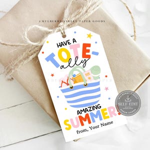 Könnte beinhalten: Ein weißes Geschenk-Etikett mit dem Text "Have a Totally Amazing Summer" und einer Strandtaschen-Illustration. Das Etikett ist mit einer Schnur an einem verpackten Geschenk befestigt. Text und Illustrationen sind farbenfroh.