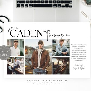 May include: A graduation announcement with a collage of photos of a young man in different settings. The announcement features the text "Class of 20X2", "CADEN Thompson", and "We are so proud of you and the young man you've become. You demonstrate great character in the way you treat others and have persevered through life. We will always be your biggest fans! We love you! Mom & Dad."