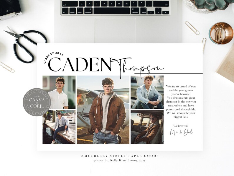 May include: A graduation announcement with a collage of photos of a young man in different settings. The announcement features the text "Class of 20X2", "CADEN Thompson", and "We are so proud of you and the young man you've become. You demonstrate great character in the way you treat others and have persevered through life. We will always be your biggest fans! We love you! Mom & Dad."