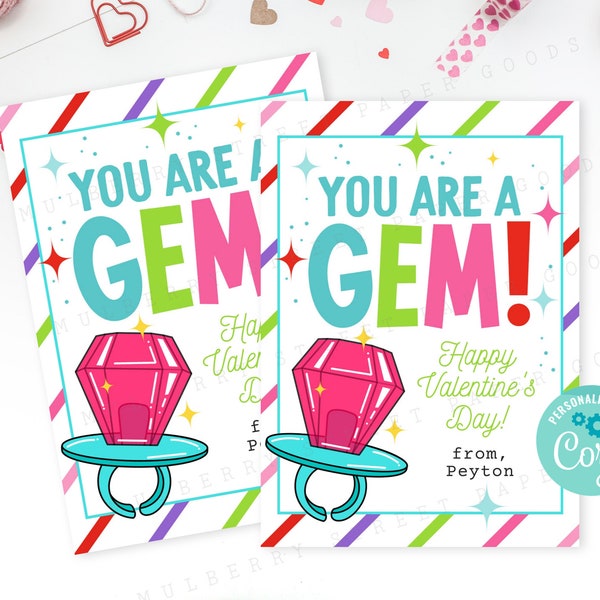 You Are A Gem Valentine Classroom Card Exchange Printable, Instant Download Gem Ring Sucker Valentine's Day Tag, Personalize with Corjl