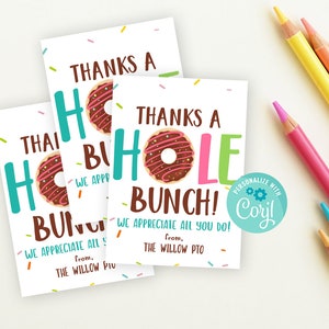 印刷可能なThanks a Hole Bunchギフトタグ、即時ダウンロード可能なドーナツサンキュータグ、先生への感謝のギフトタグ、Corjlで編集可能
