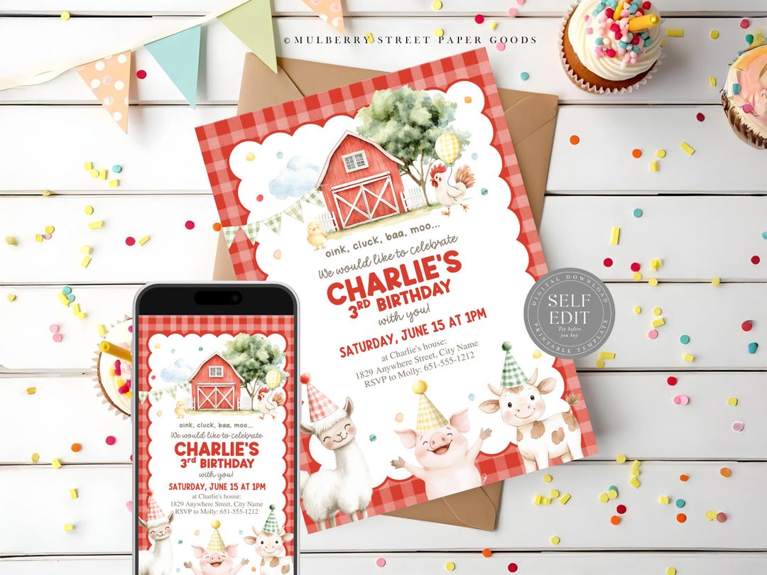 Editable Barnyard Birthday Invitation Canva Template, Printable Farm ...