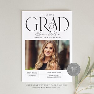 May include: A graduation announcement with a black and white photo of a young woman in a black dress. The announcement includes the text "GRAD", "Allison Miller", "Stillwater High School", "Open House: 06.08.25 from 3-5pm", "Location: 2830 Willow Rd, Stillwater, MN 55125", "Mulberry Street Paper Goods", and "photos by: Kelly Klan Photography".