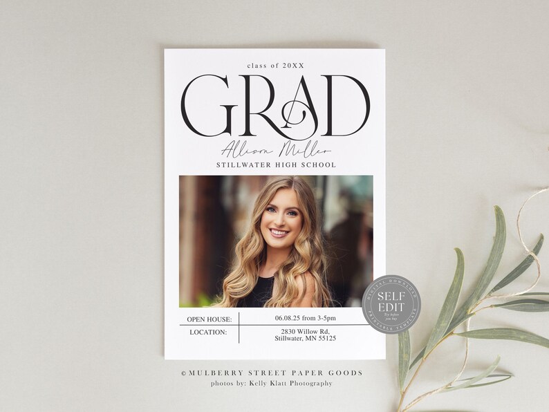 May include: A graduation announcement with a black and white photo of a young woman in a black dress. The announcement includes the text "GRAD", "Allison Miller", "Stillwater High School", "Open House: 06.08.25 from 3-5pm", "Location: 2830 Willow Rd, Stillwater, MN 55125", "Mulberry Street Paper Goods", and "photos by: Kelly Klan Photography".
