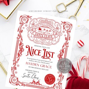 May include: A red and white "Nice List" certificate from Santa Claus, with the text "North Pole Express Mail" and "Hayden Grace" printed on it. The certificate is surrounded by decorative red borders and snowflakes.