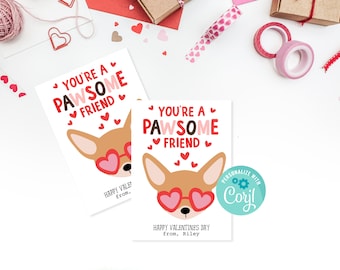 Printable Puppy Valentine's Day Classroom Card, Instant Download Pawsome Friend Valentine, Editable with Corjl