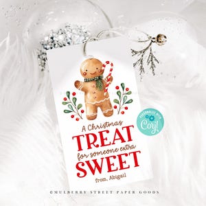 May include: A white gift tag with a gingerbread man illustration and the text "A Christmas Treat for someone extra SWEET from. Abigail". The tag is decorated with red berries and green leaves.
