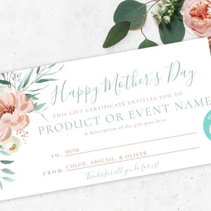Printable Mother's Day Gift Certificate Template, Editable Mother's Day Gift Certificate, Editable Gift Certificate, Instant Download