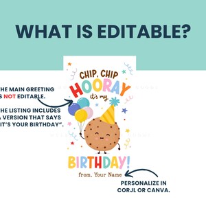 Op de afbeelding: Kleurrijke verjaardagsafbeelding met een cartoon koekjespersonage met ballonnen. Tekst bevat "Chip, Chip Hooray, it's my Birthday!" en "from, Your Name". De hoofdgroet is niet bewerkbaar, maar een versie zegt "It's Your Birthday". Personaliseer in Corjl of Canva.
