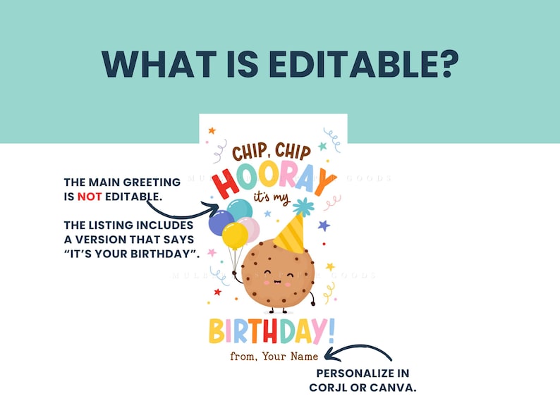 Op de afbeelding: Kleurrijke verjaardagsafbeelding met een cartoon koekjespersonage met ballonnen. Tekst bevat "Chip, Chip Hooray, it's my Birthday!" en "from, Your Name". De hoofdgroet is niet bewerkbaar, maar een versie zegt "It's Your Birthday". Personaliseer in Corjl of Canva.