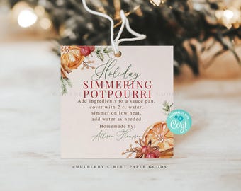 Holiday Simmering Potpourri Gift Tag, Editable Template (Digital Download)