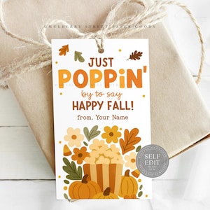 Puede incluir: Una etiqueta de regalo con el texto "JUST POPPIN' by to say HAPPY FALL!" en naranja y blanco. La etiqueta presenta ilustraciones de palomitas de maíz, calabazas y hojas de otoño. La etiqueta está atada a un regalo envuelto con hilo.