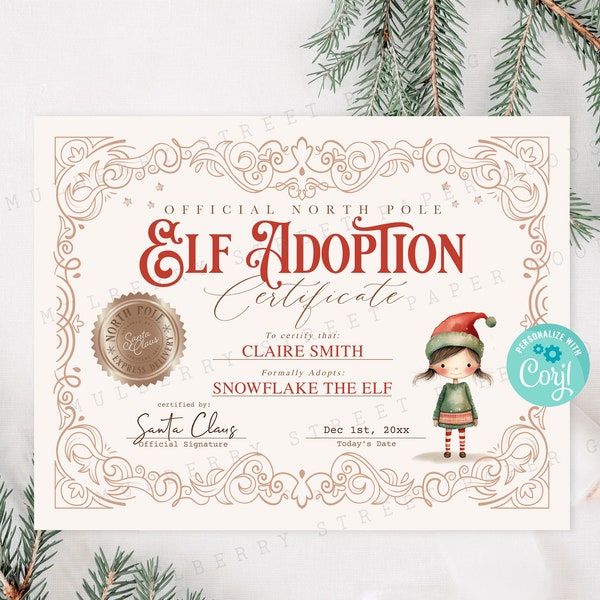 Printable Elf Adoption Certificate, Editable Adopt an Elf Print, Downloadable Santa's Elf Adoption, Official North Pole, Instant Download