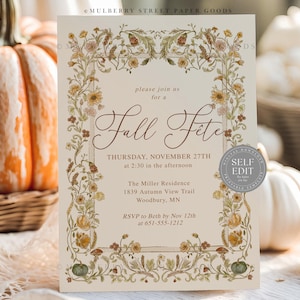 May include: An invitation for a Fall Fete, featuring floral border and text. The invitation is cream-colored with brown text and a decorative floral border. The text includes the date, time, location, and RSVP information. Pumpkins are in the background.