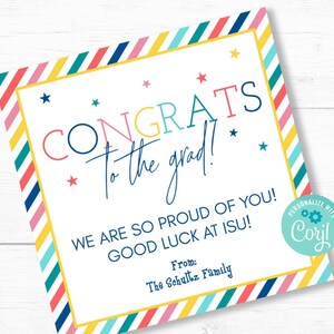 Étiquette cadeau imprimable félicitations pour diplômés, téléchargement immédiat Étiquette colorée pour diplômés félicitations pour diplômés imprimable, édition avec Corjl