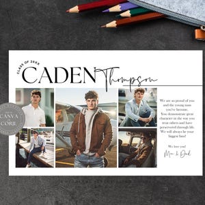 May include: Graduation announcement card with a collage of photos of a young man in different settings. The card features the name "CADEN Thompson" in a modern font and includes the text "Class of 20XX". The card also includes a message from the graduate's parents.