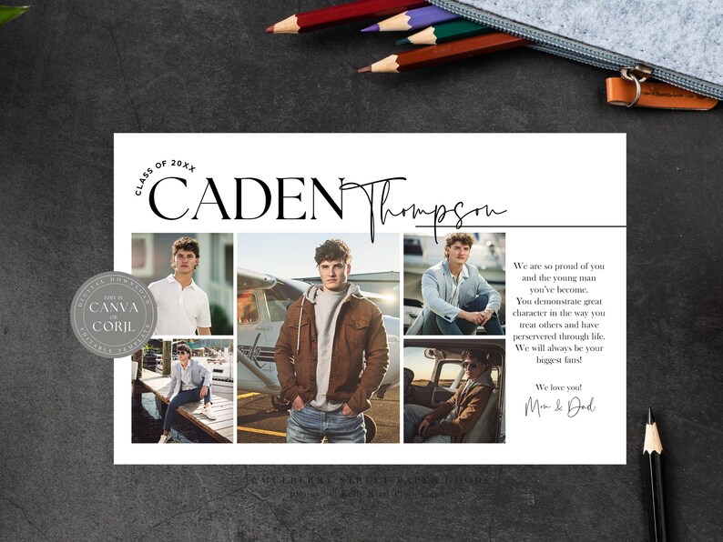 May include: Graduation announcement card with a collage of photos of a young man in different settings. The card features the name "CADEN Thompson" in a modern font and includes the text "Class of 20XX". The card also includes a message from the graduate's parents.
