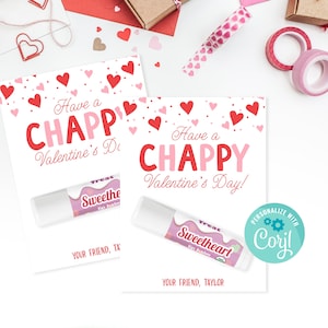 Carte de Saint-Valentin Chappy imprimable, téléchargement immédiat, baume à lèvres Saint-Valentin, carte de la Saint-Valentin pour la salle de classe, modifiable, Corjl