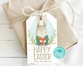 Printable Happy Easter Bunny Gift Tag, Instant Download Easter Bunny Tag, All Text Editable with Corjl, Vintage Bunny Printable Tag