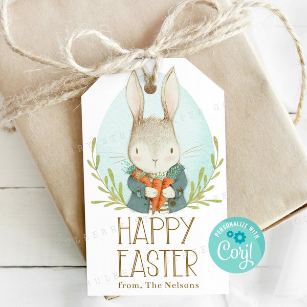 Printable Happy Easter Bunny Gift Tag, Instant Download Easter Bunny Tag, All Text Editable with Corjl, Vintage Bunny Printable Tag